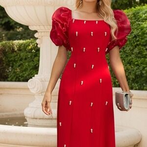 LALA‎ CAT Red Pearl Puff Sleeve Dress Cocktail Party Bodycon XL